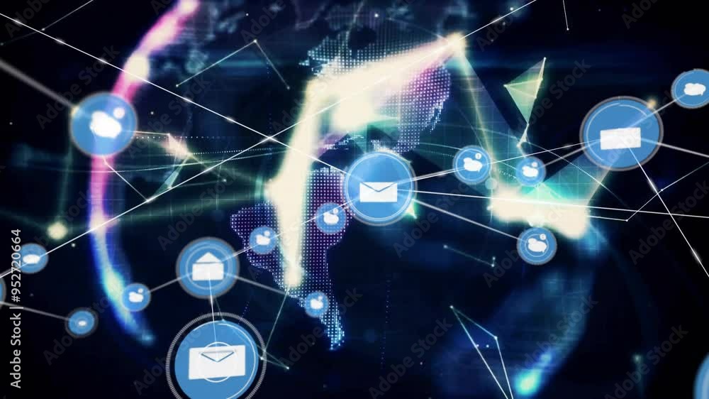 Poster animating email and communication icons over digital world map with network connections