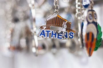 Traditional tourist souvenirs and gifts from Athens, fridge magnets with text 