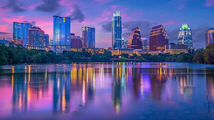 Obraz premium Austin cityscape in the evening with twilight sky and skyscrapers