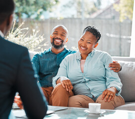 People, couple and happy with financial advisor at home for funeral cover or life policy planning....