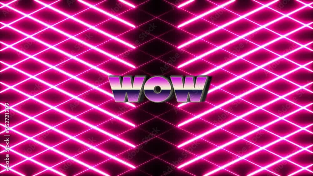 Poster wow text animation over neon pink grid pattern background