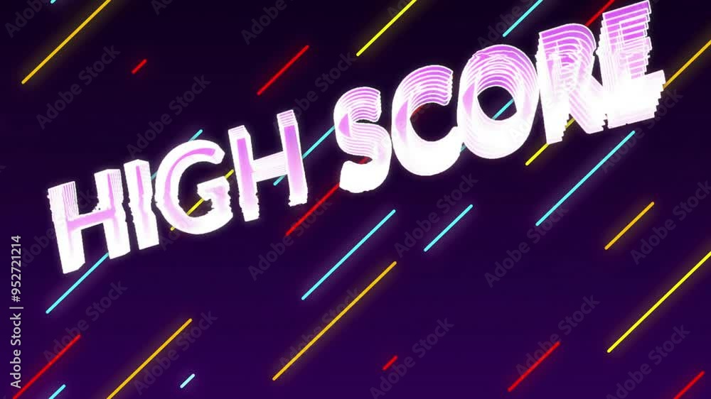 Poster high score text animation over colorful diagonal lines on dark background