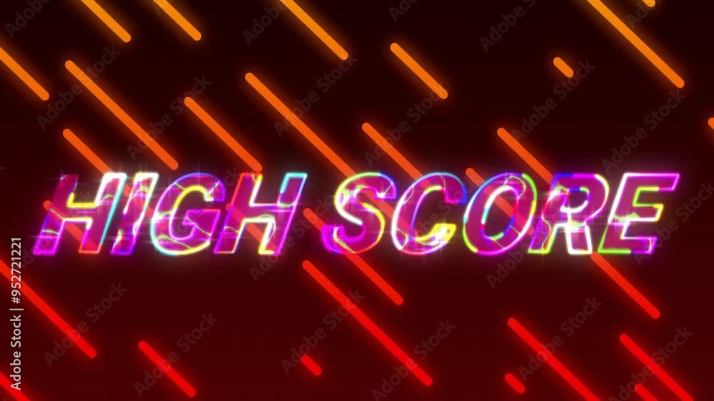 Poster high score text animation over colorful diagonal lines on dark background