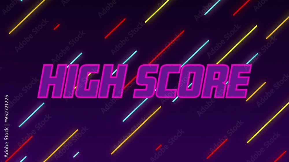 Aufkleber high score text animation over colorful diagonal lines on dark background