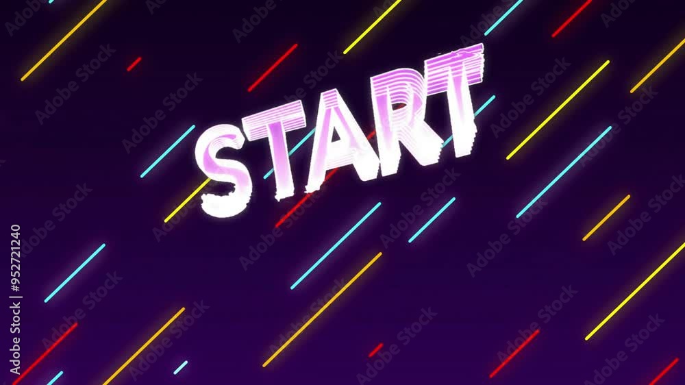 Poster start text animation over colorful diagonal lines on dark background