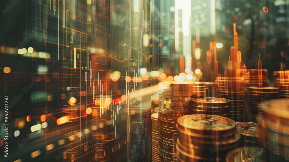 Poster Banking and finance theme with graph and stock display double exposure on coins