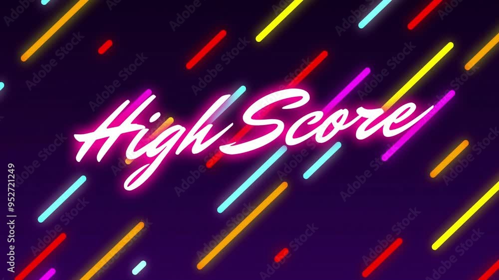 Poster high score text animation with colorful diagonal lines on dark background