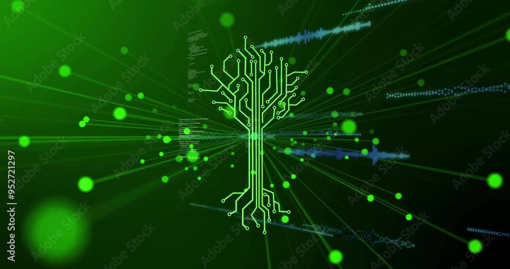 Poster Tree-shaped circuit board with glowing green nodes, data processing animation