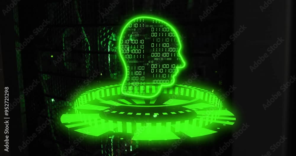 Poster binary code and human head hologram animation over digital interface