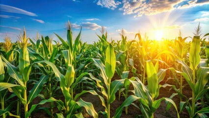 A vibrant field of mature corn plants in the sunshine, agriculture, crop, harvest, farming, rural, golden, summer