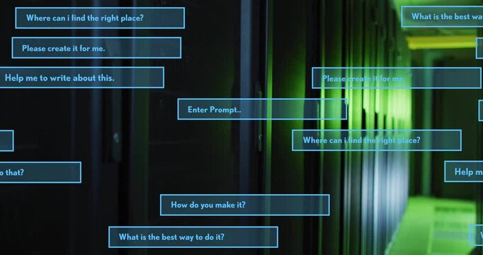 Questions and prompts animation over green-lit server room background