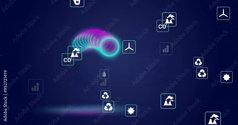 Poster environmental icons and data processing animation over dark blue background