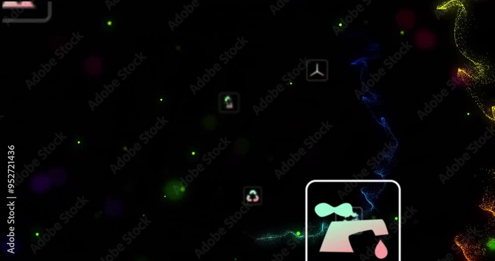 Poster scientific icons and data processing animation over dark background with glowing particles