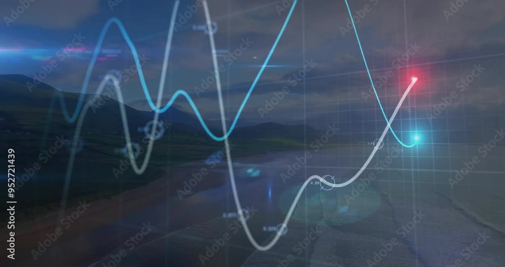 Poster Graph with fluctuating lines and data points animation over coastal landscape