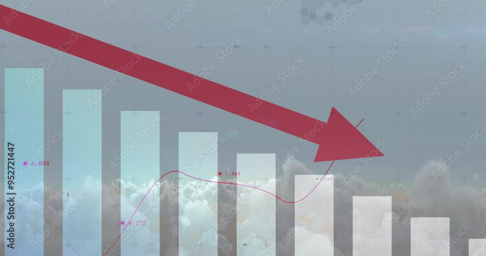 Poster red downward arrow and bar chart animation over cloudy sky background