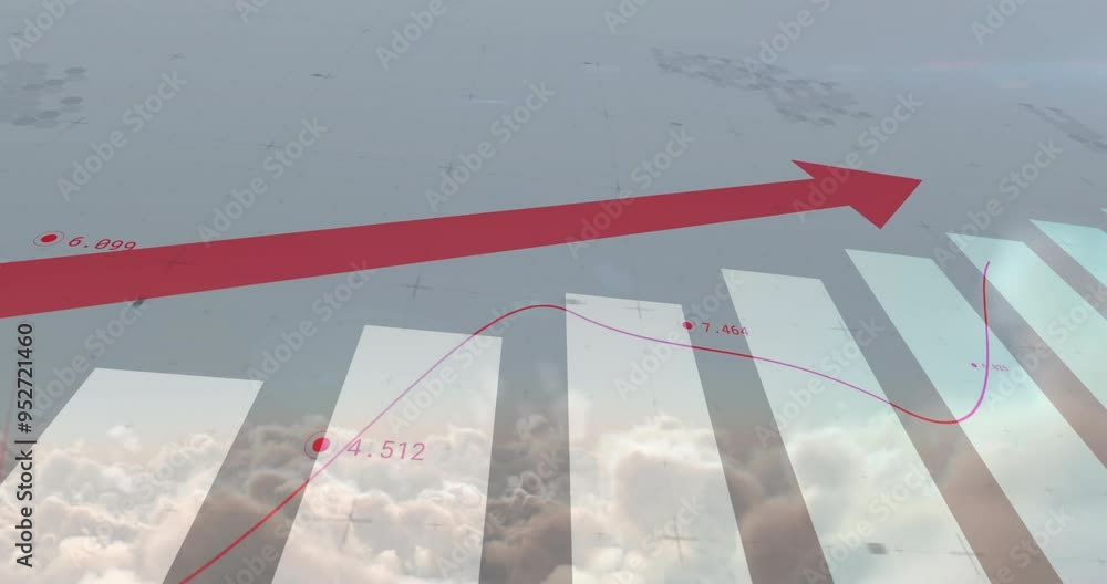 Poster red arrow and line graph animation over clouds and bar chart