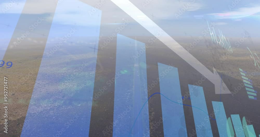 Poster bar chart and line graph animation over aerial view of vast landscape