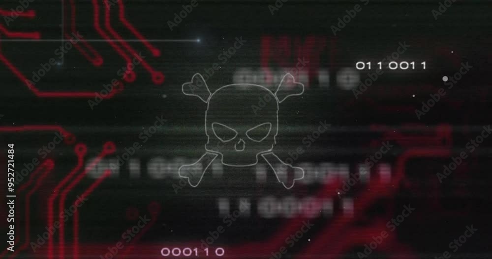 Poster Skull and crossbones animation over red circuit board and binary code