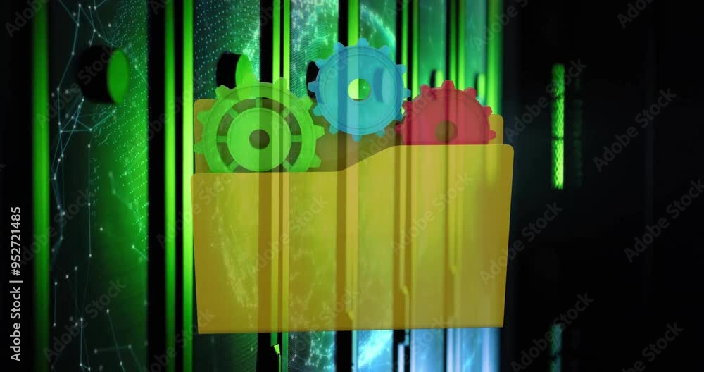 Poster folder with colorful gears animation over data processing servers