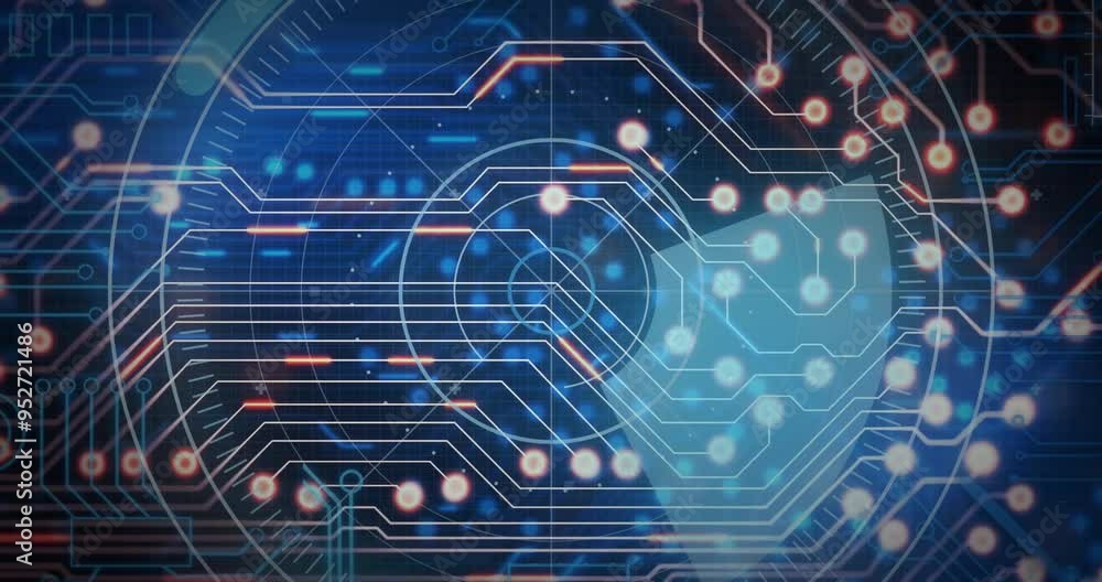 Poster circuit board and data flow animation over blue digital background