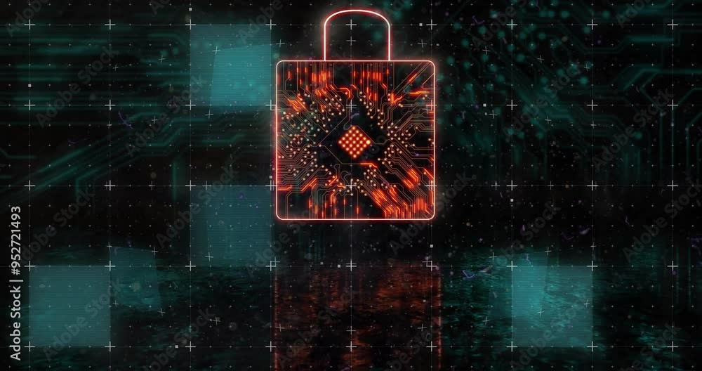 Poster digital padlock and circuit board, cybersecurity animation over futuristic background
