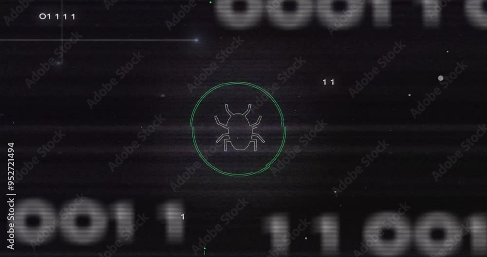 Poster binary code and bug icon animation over dark background
