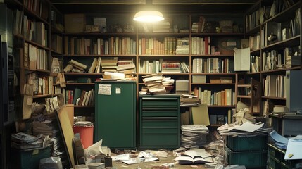 Obraz premium Explore the Chaos: A Vintage Storage Room Poster Featuring Shelves of Old Books, Cluttered Papers, and a Green Filing Cabinet – Perfect for Unique Home Decor or Creative Spaces!