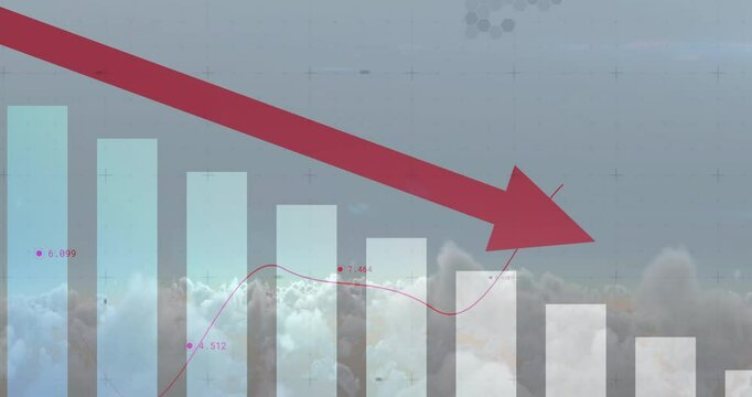Red downward arrow and bar chart animation over cloudy sky background