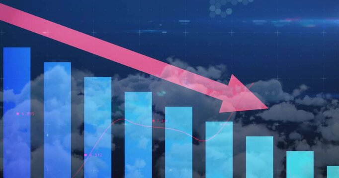 Declining bar chart with downward arrow animation over cloudy sky background