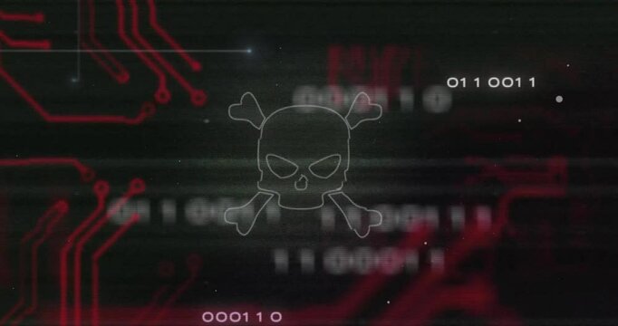Skull and crossbones animation over red circuit board and binary code