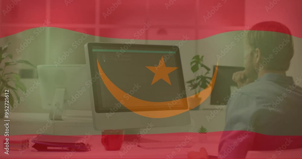 Poster flag animation over person working on computer in modern office