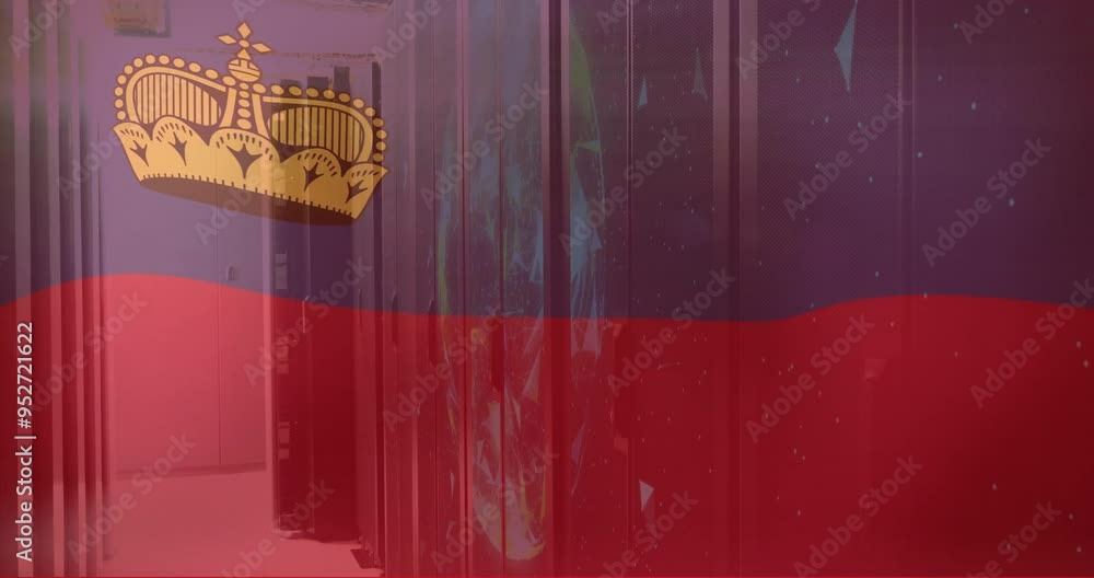 Poster liechtenstein flag animation over server room with data processing equipment