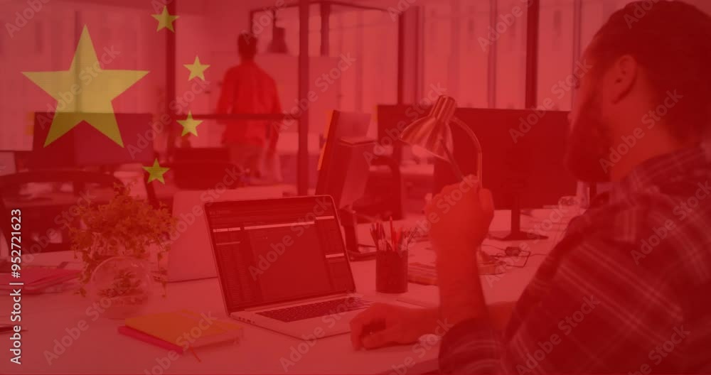 Poster chinese flag animation over office workers using computers and collaborating