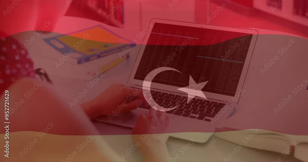 Sticker Hands typing on laptop keyboard with Turkish flag animation over screen