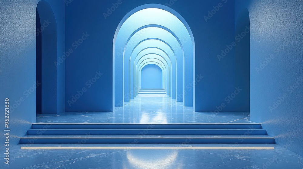 Poster abstract blue 3d render with white clouds passing through a square mirror.