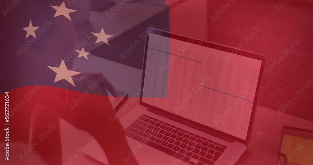 Poster chinese flag animation over person working on laptop with data