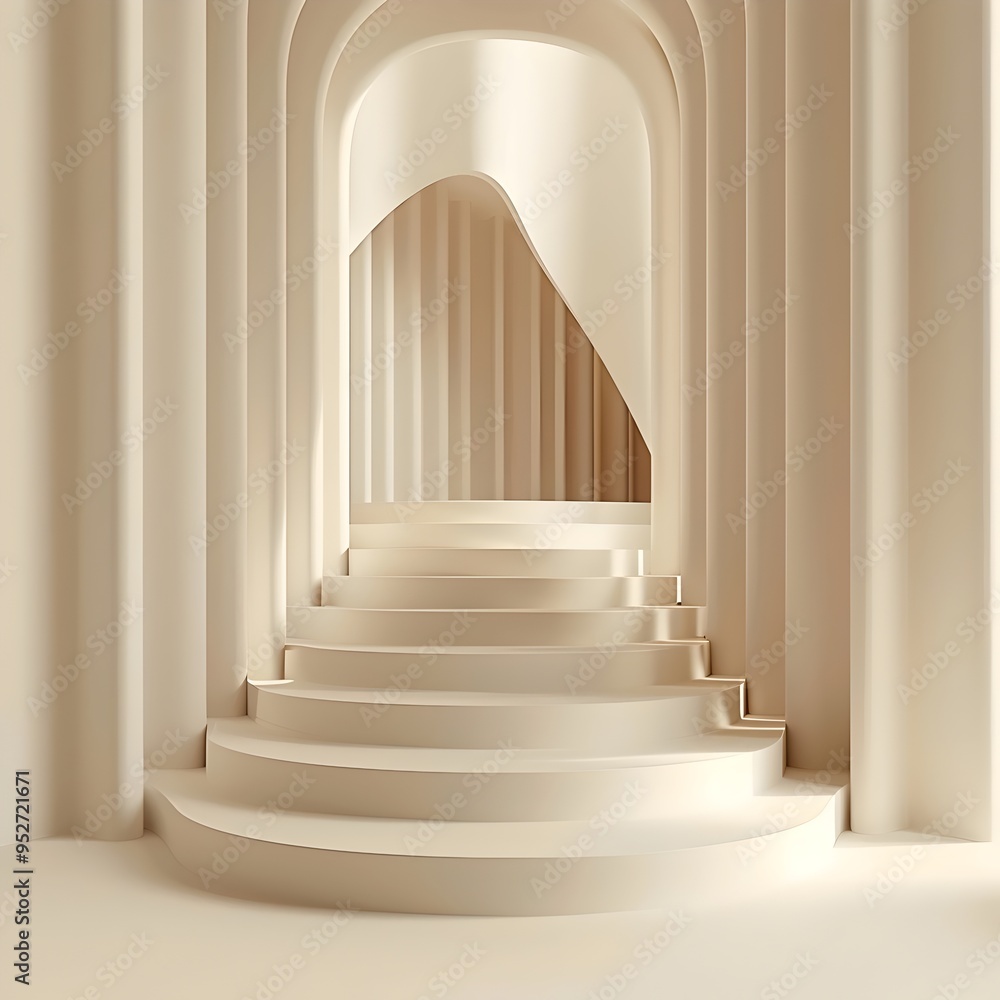 Poster abstract minimalist architecture with a curved staircase and archways, offering a contemporary and e