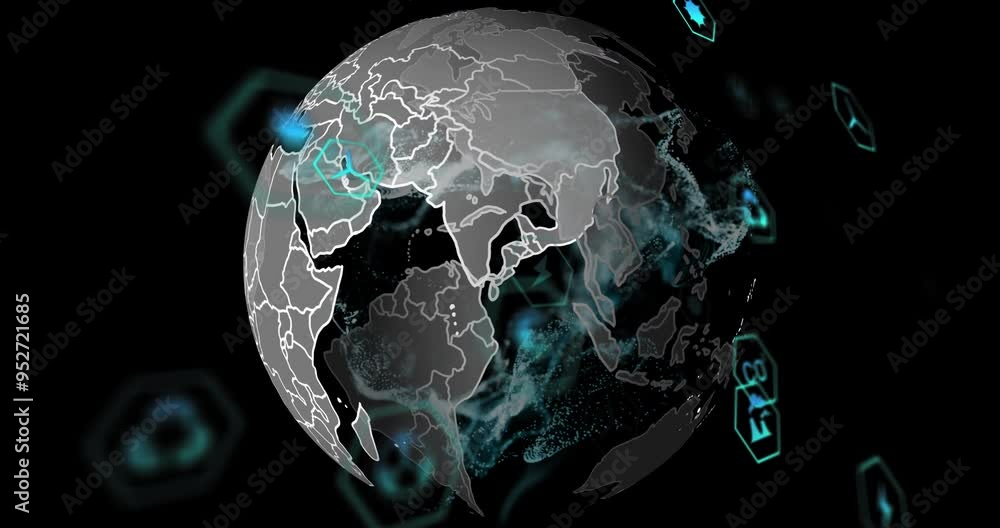 Poster rotating globe with network connections and data processing animation over black background