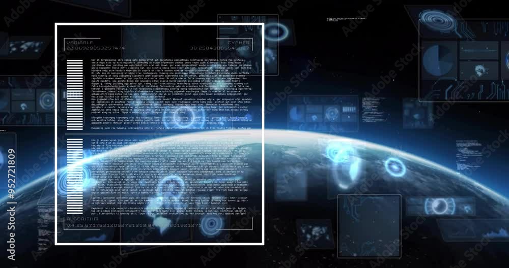 Poster digital data and algorithm text animation over earth viewed from space