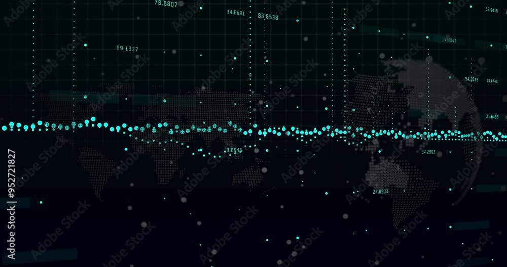 Poster Global data points and numerical values animation over world map background