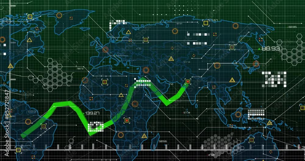 Poster green line graph animation over world map with data points and grid