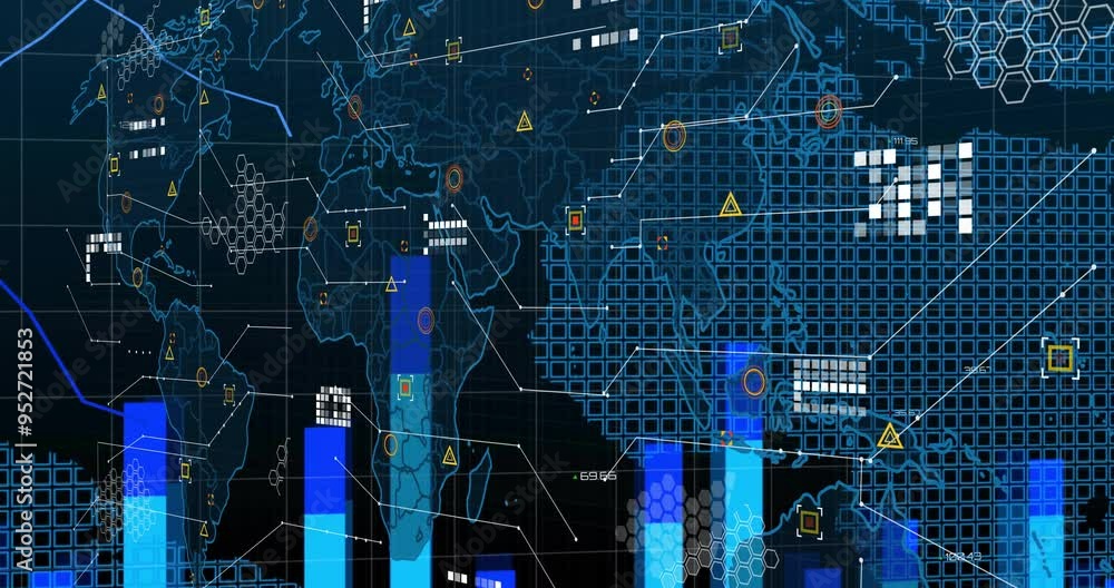 Poster world map with data points and graphs, global data analysis animation