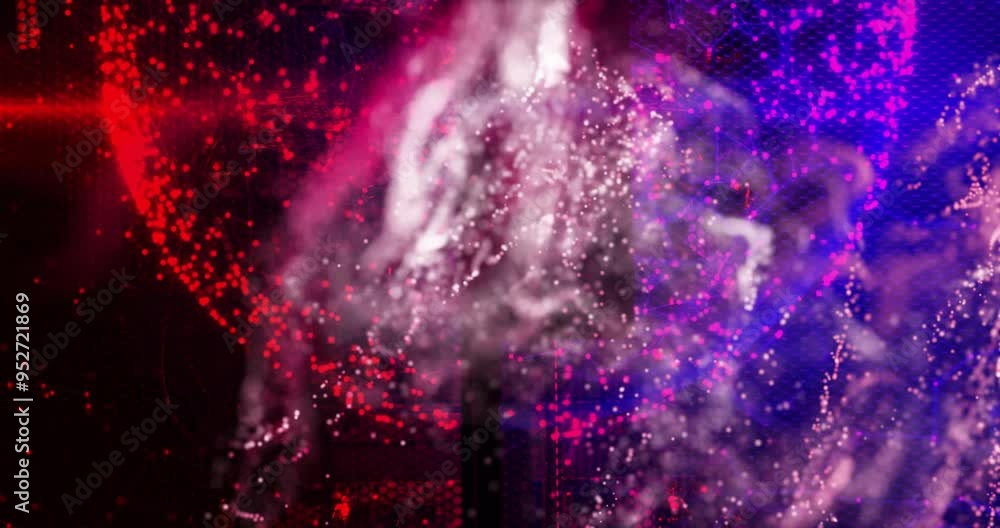 Poster abstract particles and light trails animation over dark background with red and purple hues