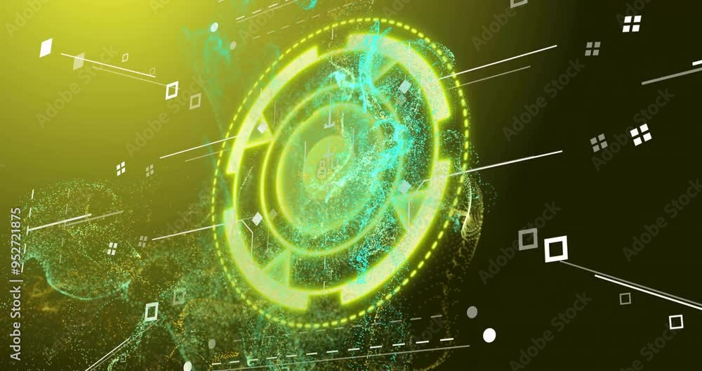 Poster rotating circular interface with glowing particles and digital data animation
