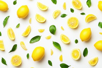 Fresh lemons leaves pattern on white background
