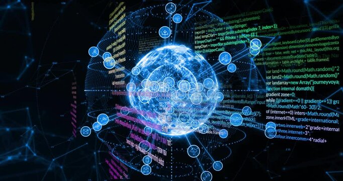 Digital globe surrounded by data processing animation with various coding elements