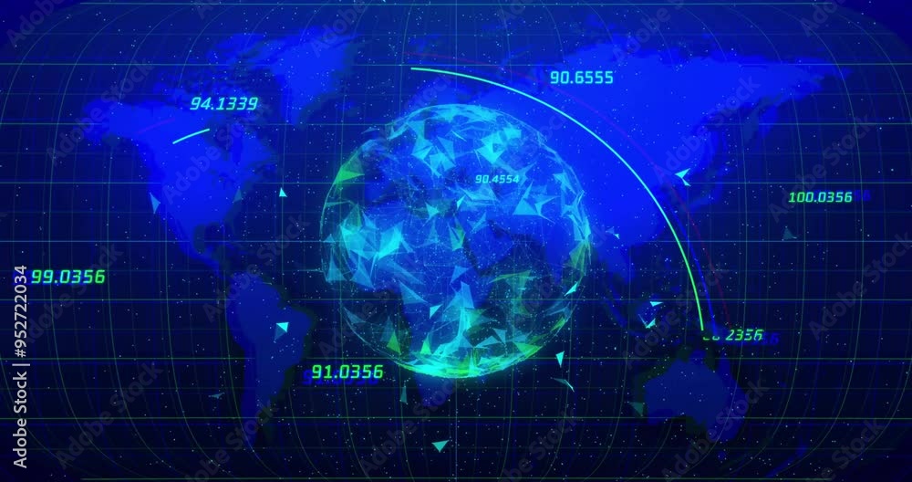 Poster Rotating globe with numerical data and network connections animation over world map