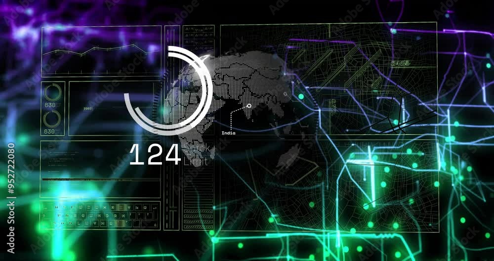 Poster digital data processing animation over world map and network connections