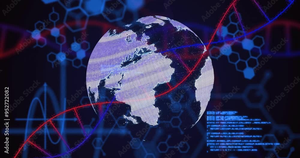 Poster Rotating Earth with DNA strands and hexagonal patterns, scientific data animation