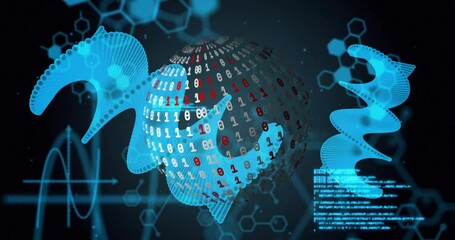 Binary code sphere and molecular structures, scientific data processing animation
